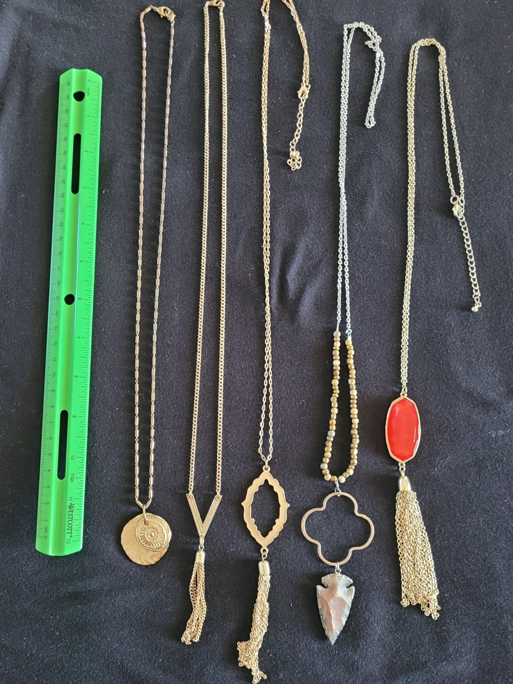 Lot Of 5 - Gold-Tone Layered Pendant Necklace Set with Red Accented Tassel